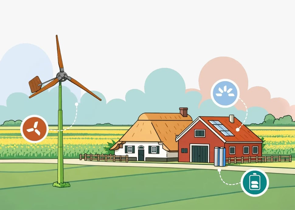 EAZ-model wind turbine on a farm illustration with solar and storage